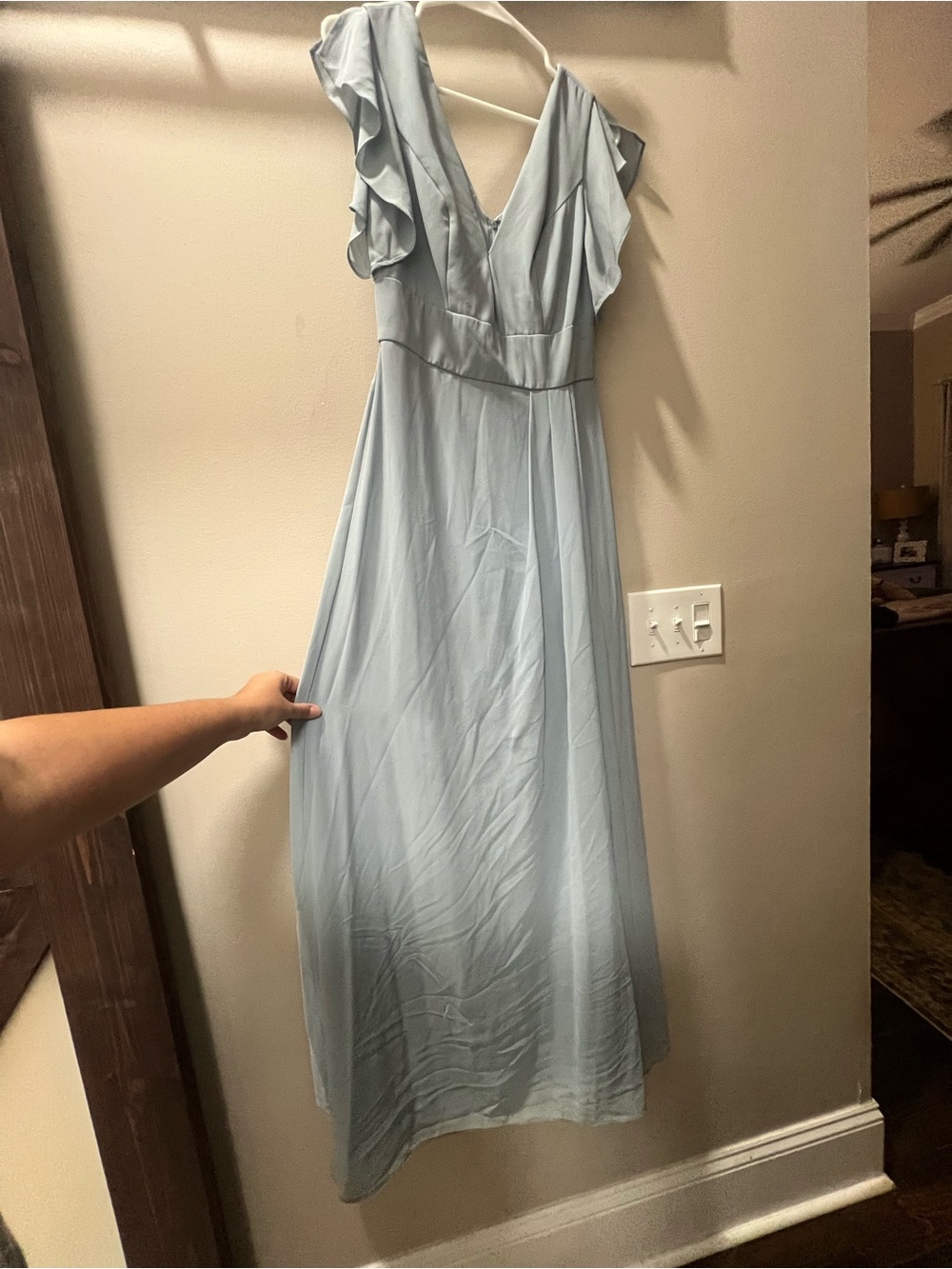 David's Bridal Pale Blue Flutter Sleeve V-Neck Maxi Dress